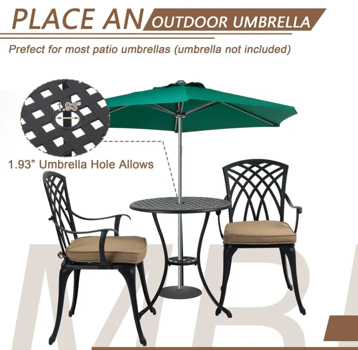 Vintage 3-Piece Aluminum Garden Set with Cushions and Umbrella Hole