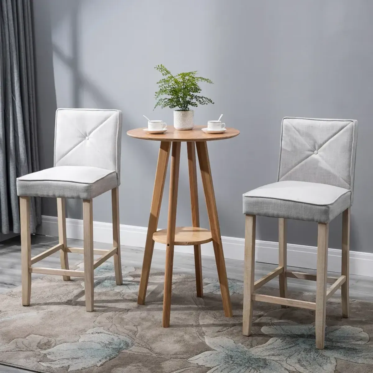 2 PCs Bar Stools Dining Chair w/ Footrest, Solid wood leg Home Pub,Beige