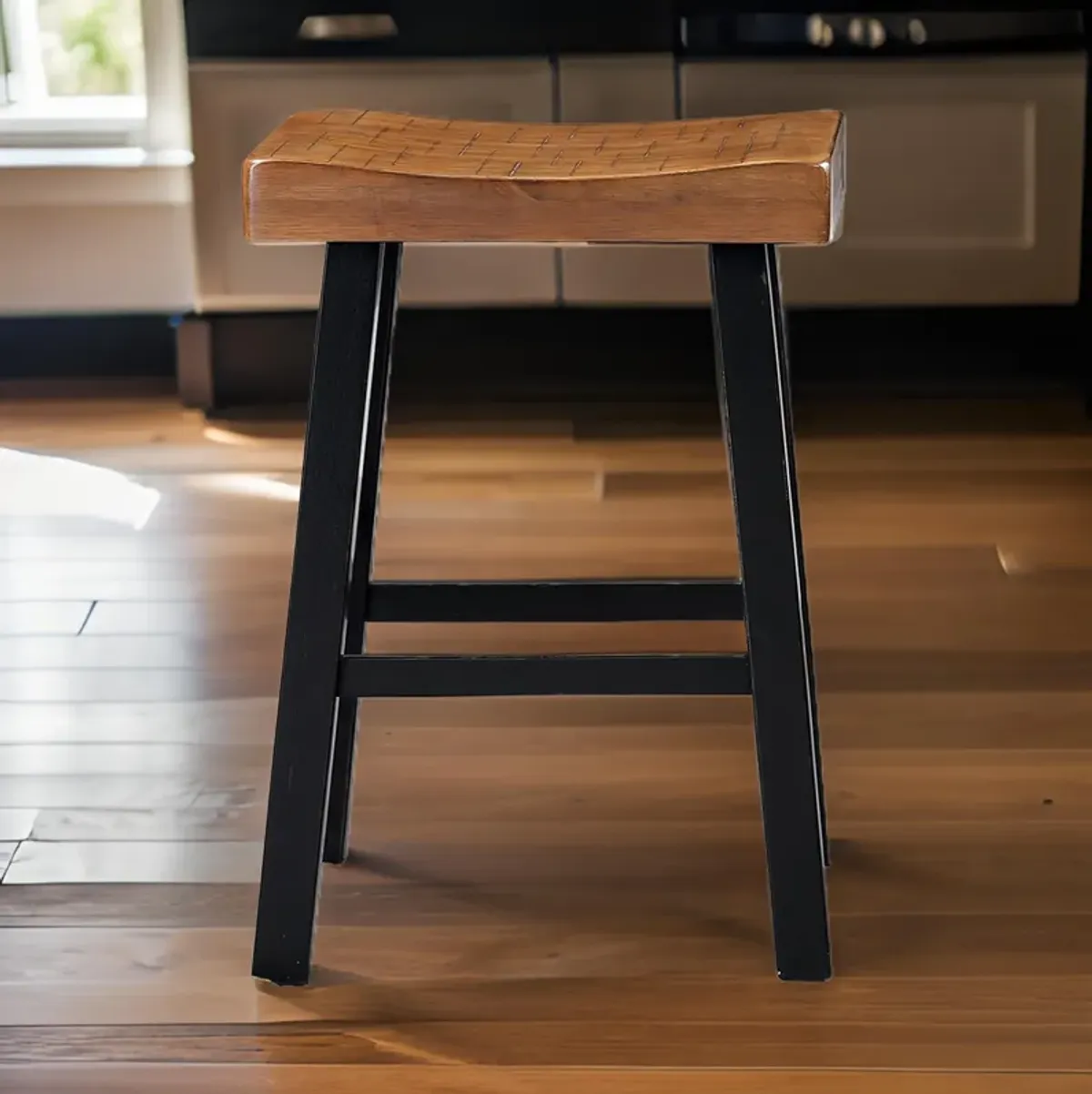 Bianca Counter Stool Set of 2, Light Brown Saddle Seat, Black Solid Wood