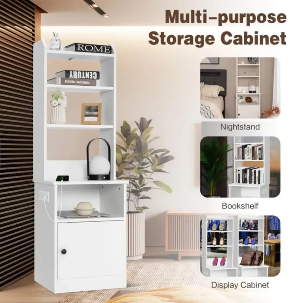 Hivvago 6-Tier Industrial Tall Bookshelf with Charging Station and Cabinet