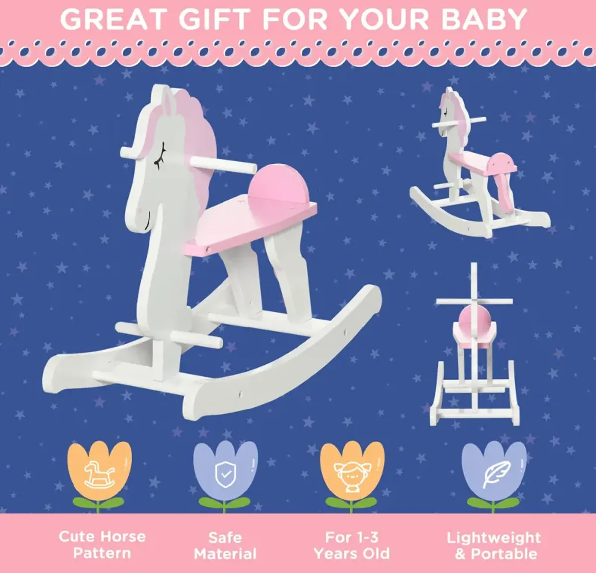 Pink/White Toddler Toy: Wooden Rocking Horse for 1-3 Years