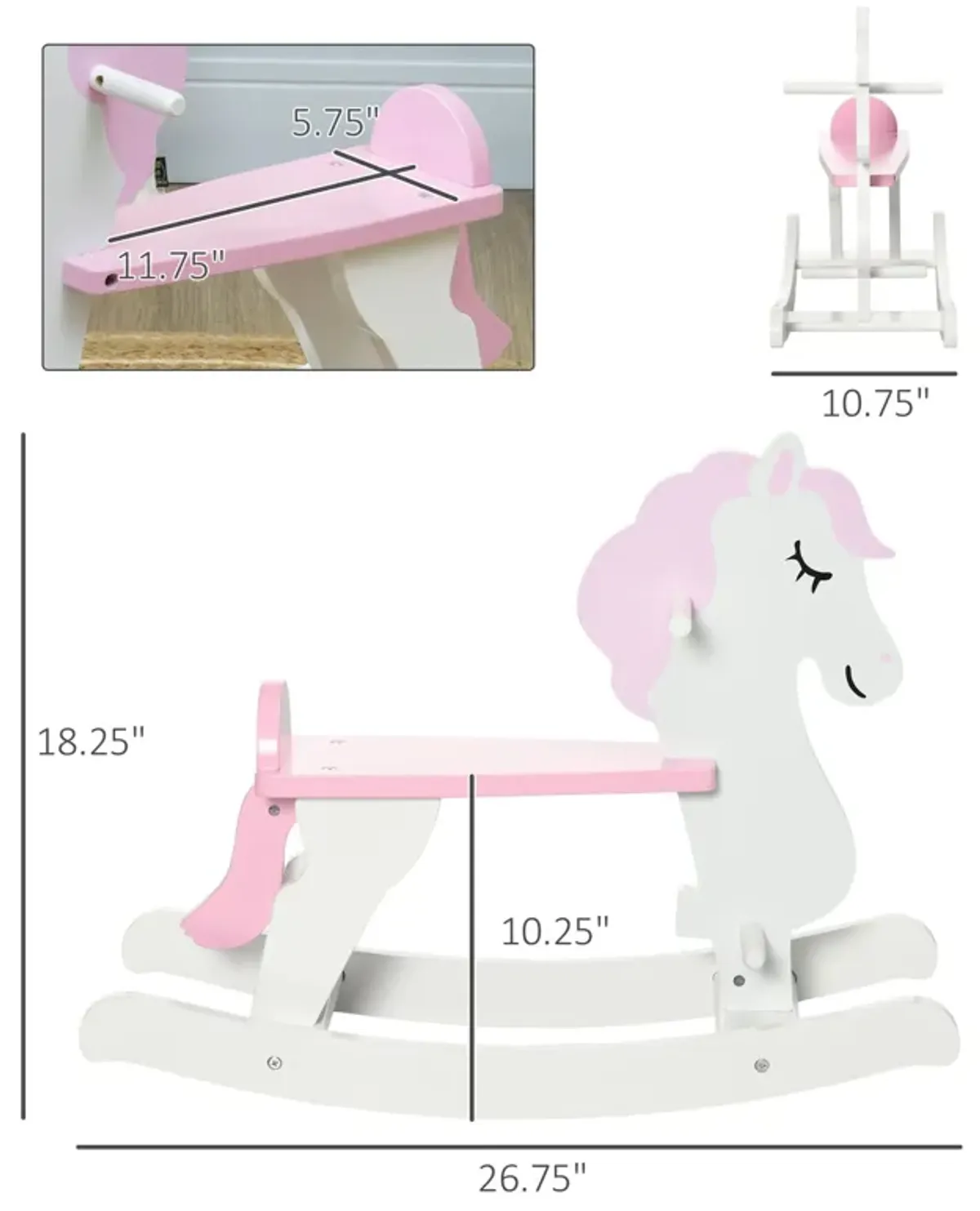 Pink/White Toddler Toy: Wooden Rocking Horse for 1-3 Years