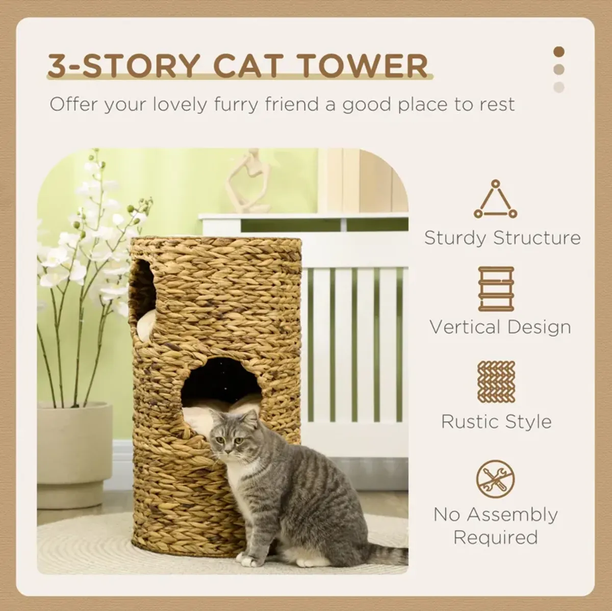 Beige Cat House: 3-Story Indoor Condo Tower with Removable Cushions