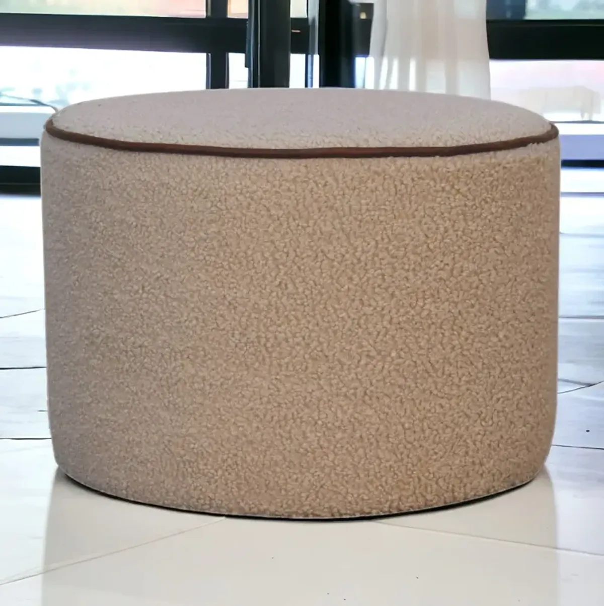 Solid Wood Boucle Round Footstool with Bufallo Leather Piping