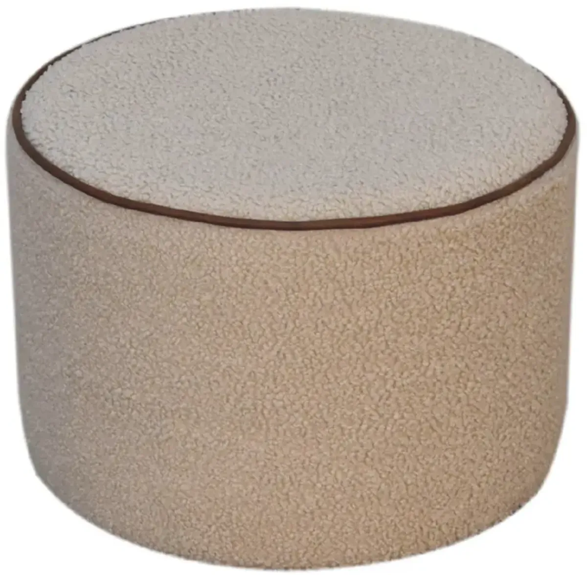 Solid Wood Boucle Round Footstool with Bufallo Leather Piping