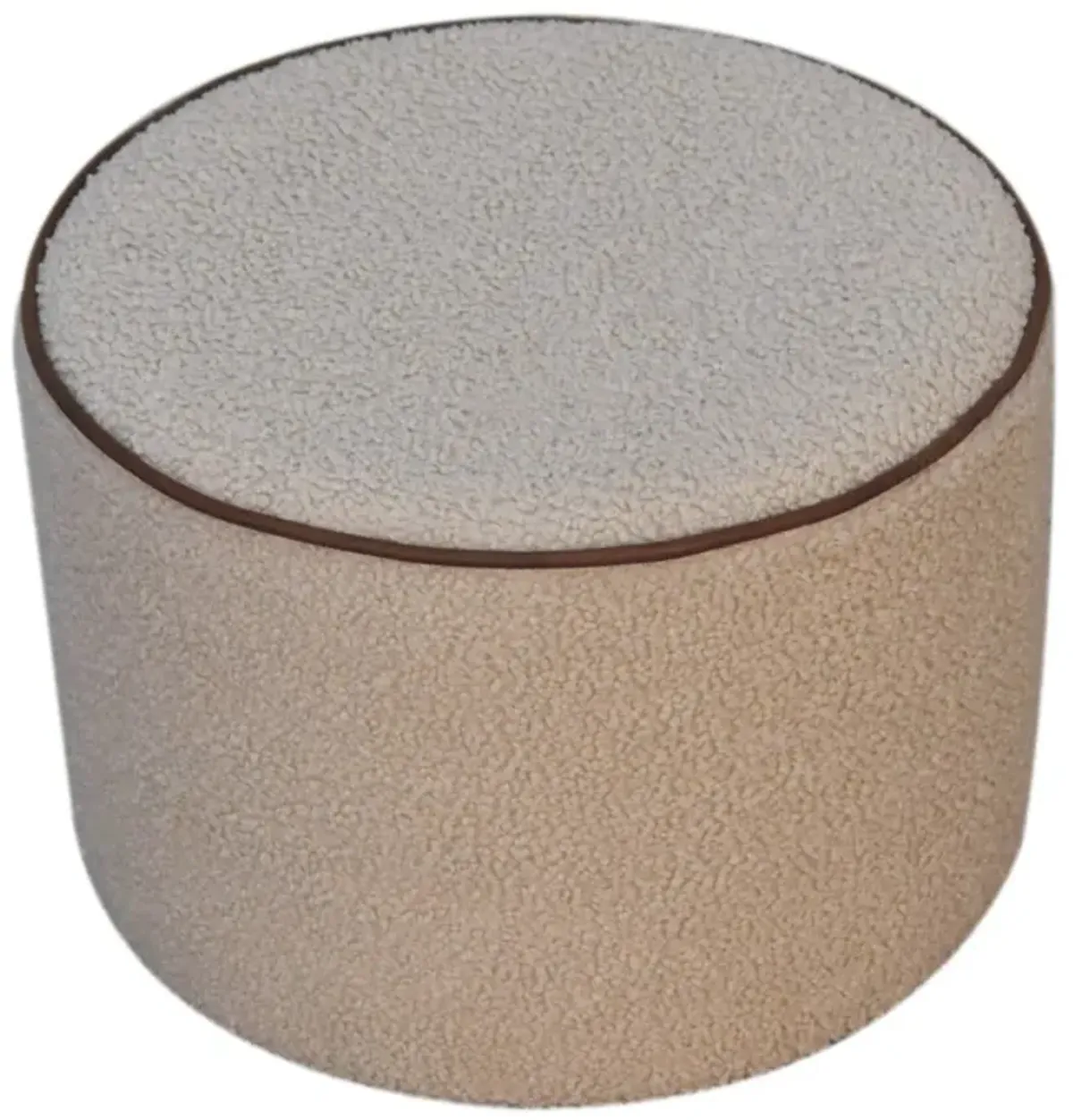 Solid Wood Boucle Round Footstool with Bufallo Leather Piping