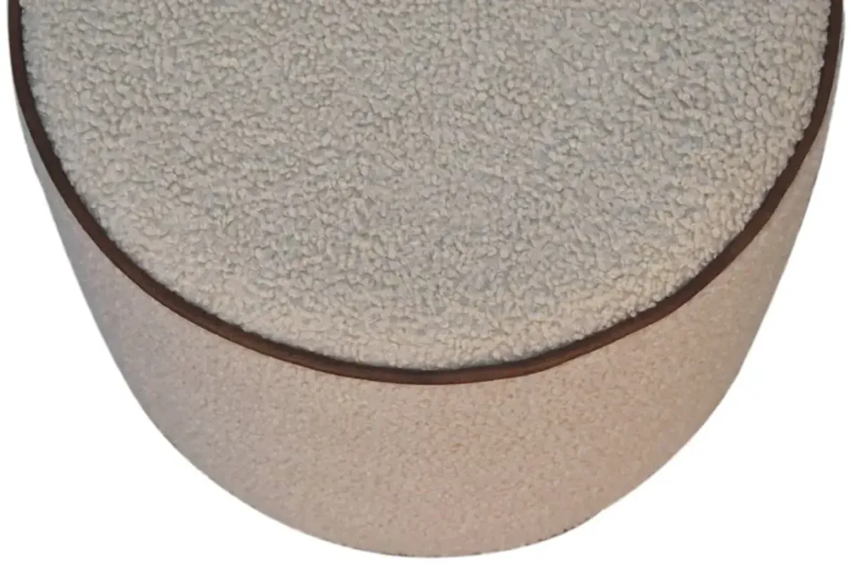 Solid Wood Boucle Round Footstool with Bufallo Leather Piping