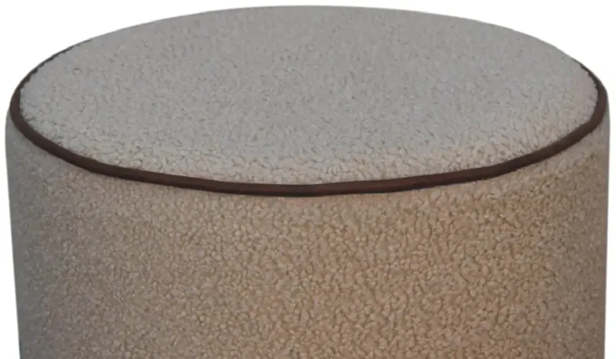 Solid Wood Boucle Round Footstool with Bufallo Leather Piping