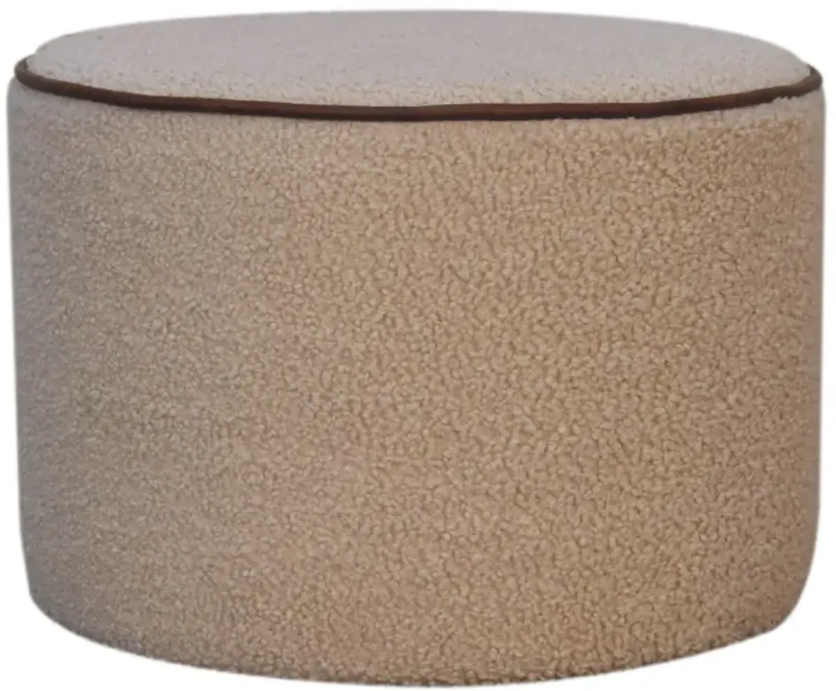 Solid Wood Boucle Round Footstool with Bufallo Leather Piping