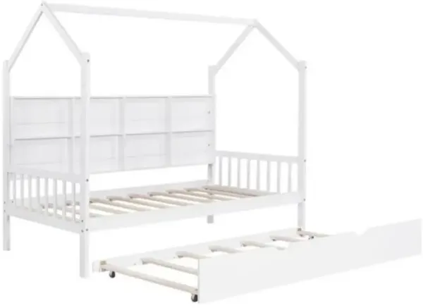House Bed with Trundle & Storage Shelf Space-Saving Wooden Kids' Bed Frame for Boys & Girls