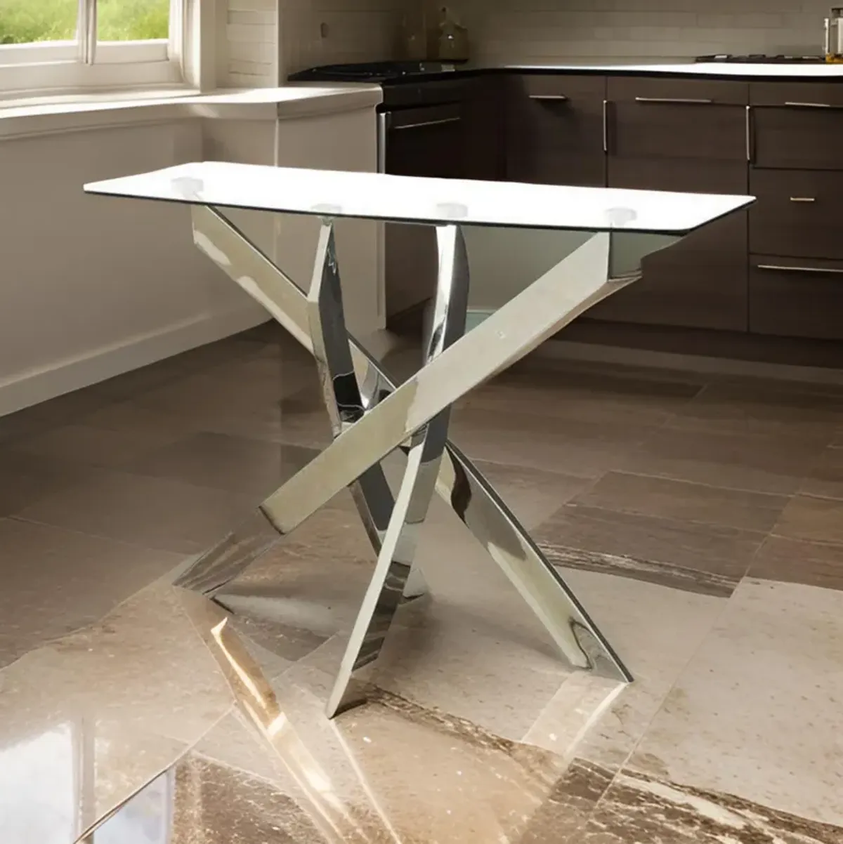 Rectangular Glass Top Sofa Table with Criss Cross Base, Silver and Clear - Benzara