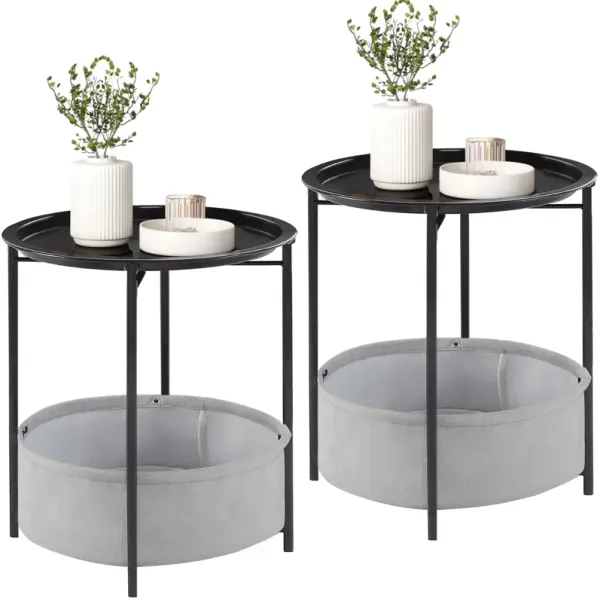 VECELO Round Side/End Table with Fabric Storage Basket