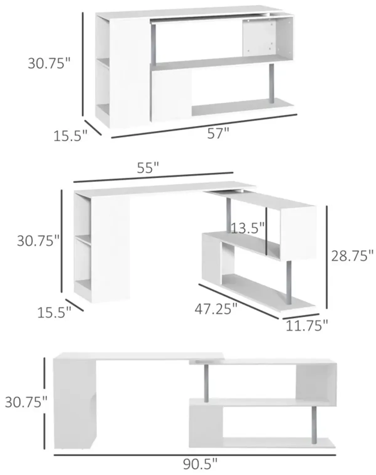 55" L-Shaped Rotating Corner Desk with Storage Shelves