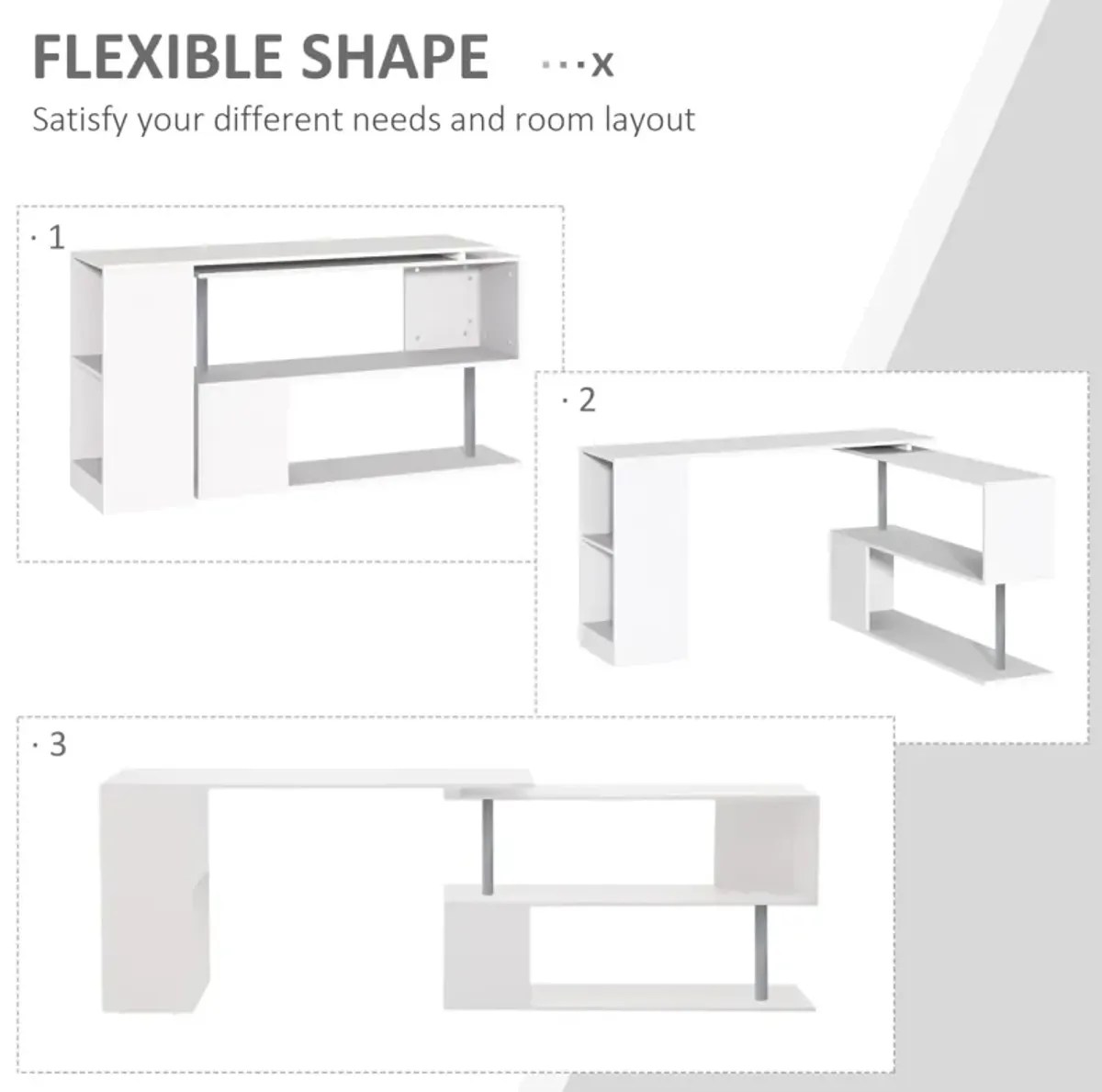 55" L-Shaped Rotating Corner Desk with Storage Shelves