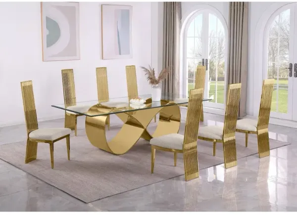Best Quality Furniture 9Pc Tempered Glass Dining Set With 8 Cream Boucle Fabric Side Chairs