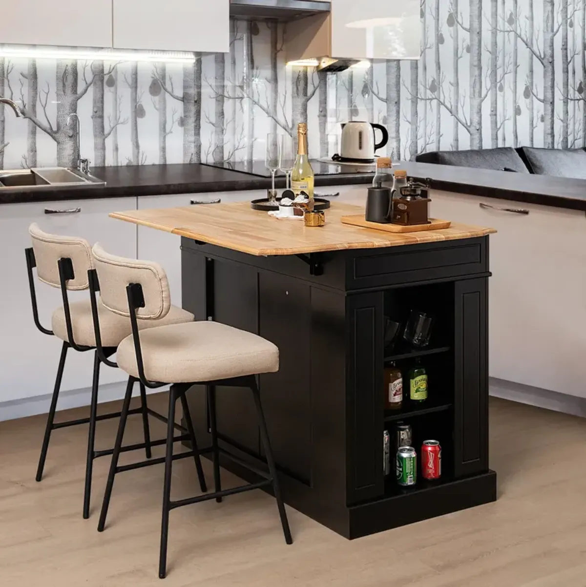 Kitchen Island with Storage and 3-Level Adjustable Shelves