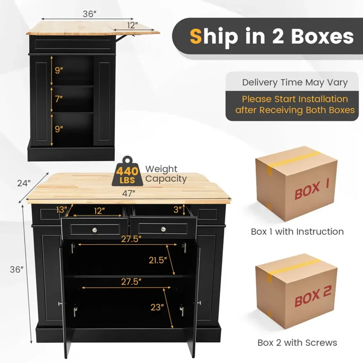 Kitchen Island with Storage and 3-Level Adjustable Shelves