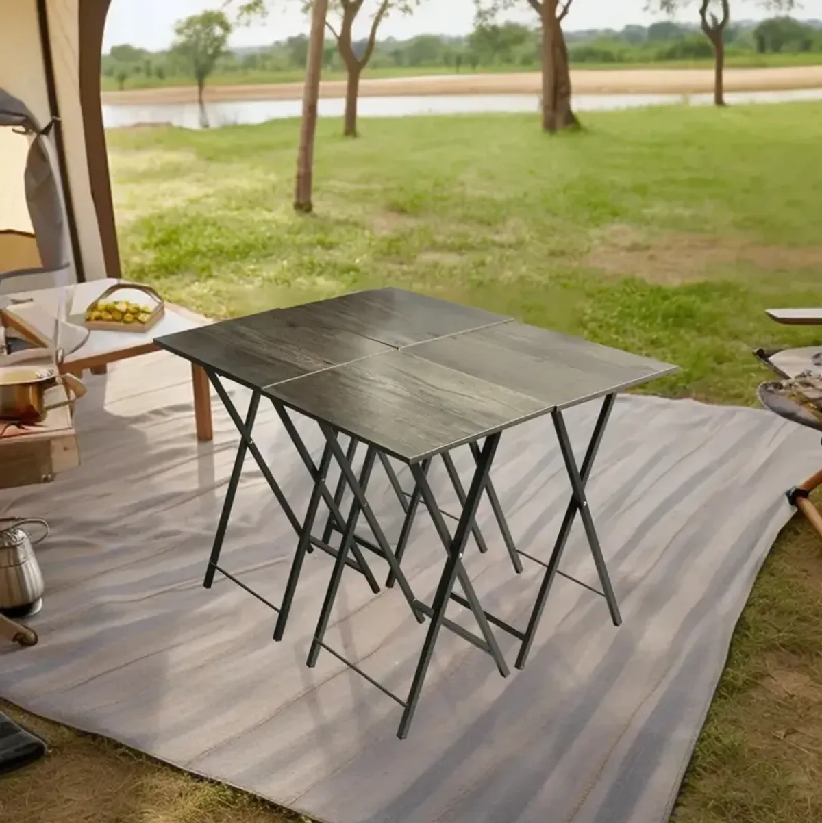 Rustic Grey Folding Table Set with Storage Stand