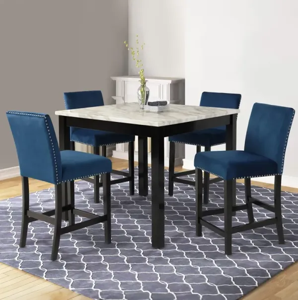 Kate 42 Inch 5 Piece Counter Table Set with Velvet Seating, Blue - Benzara