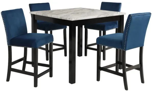 Kate 42 Inch 5 Piece Counter Table Set with Velvet Seating, Blue - Benzara