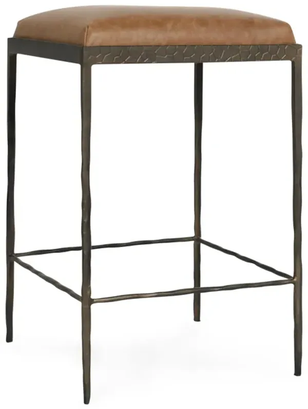 Ocea Counter Stool with Chestnut Brown Leather Seat, Textured Iron - Benzara