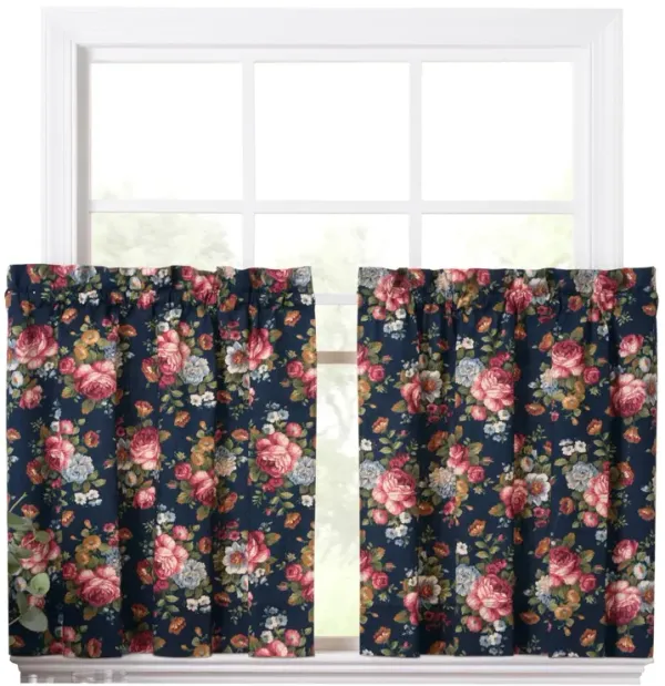 Ellis Bella Rose Stylish Medium Scale Printed Floral Pattern 1.5" Rod Pocket Tier for Windows 56"x24" Navy