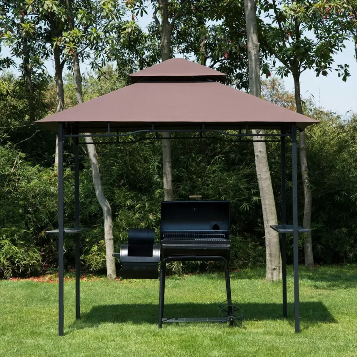 BBQ Grill Gazebo: 8' Patio Canopy with 2 Tier, Flame Retardant Cover, Storage