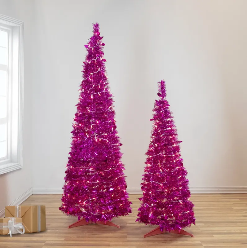 6' Pre-Lit Pink Tinsel Pop-Up Artificial Christmas Tree  Clear Lights