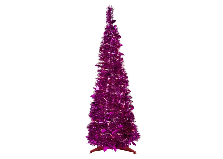 6' Pre-Lit Pink Tinsel Pop-Up Artificial Christmas Tree  Clear Lights