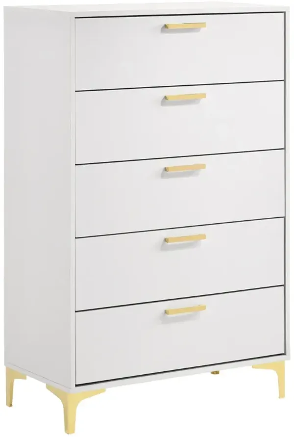 Lif 50 Inch Modern 5 Drawer Tall Dresser Chest, Gold Accents, Smooth White - Benzara