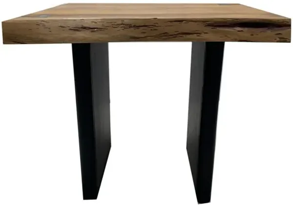 Mya 23 Inch Square End Table with Live Edge Wood Top, Wide Black Iron Legs-Benzara