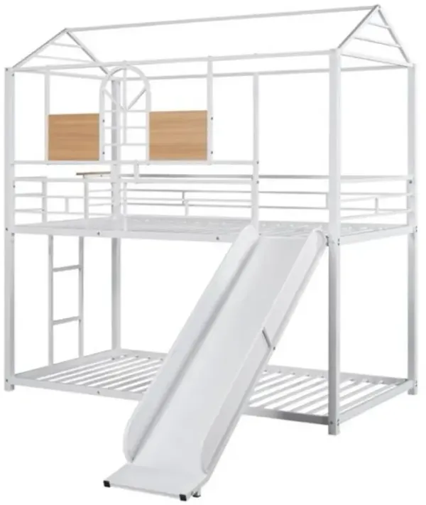 House-Shaped Metal Bunk Bed with Slide and Full-Length Guardrails