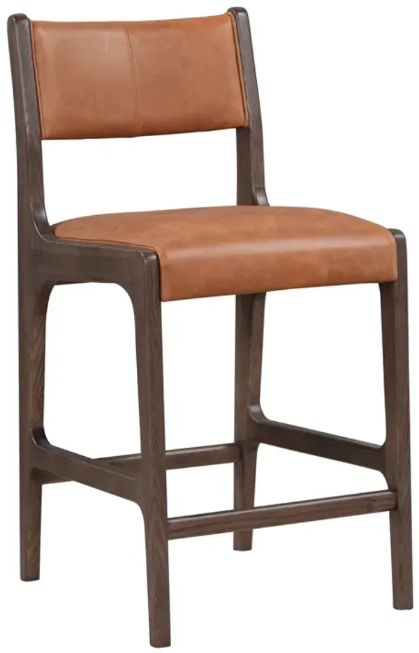 Eero Counter Stool with Dark Brown Ash Wood Frame, Brown Leather - Benzara