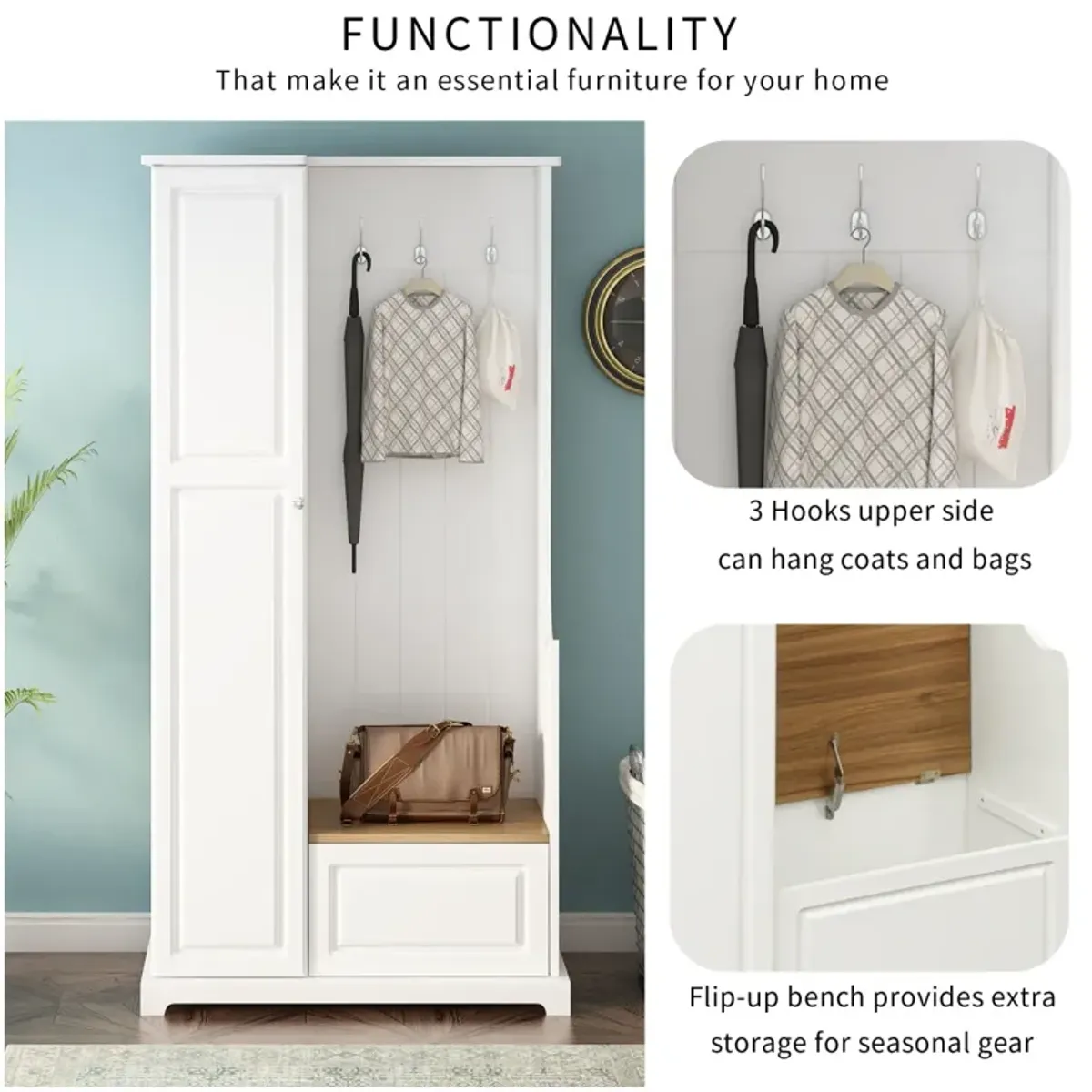 White Hall Tree with Bench and Shoe Cabinet