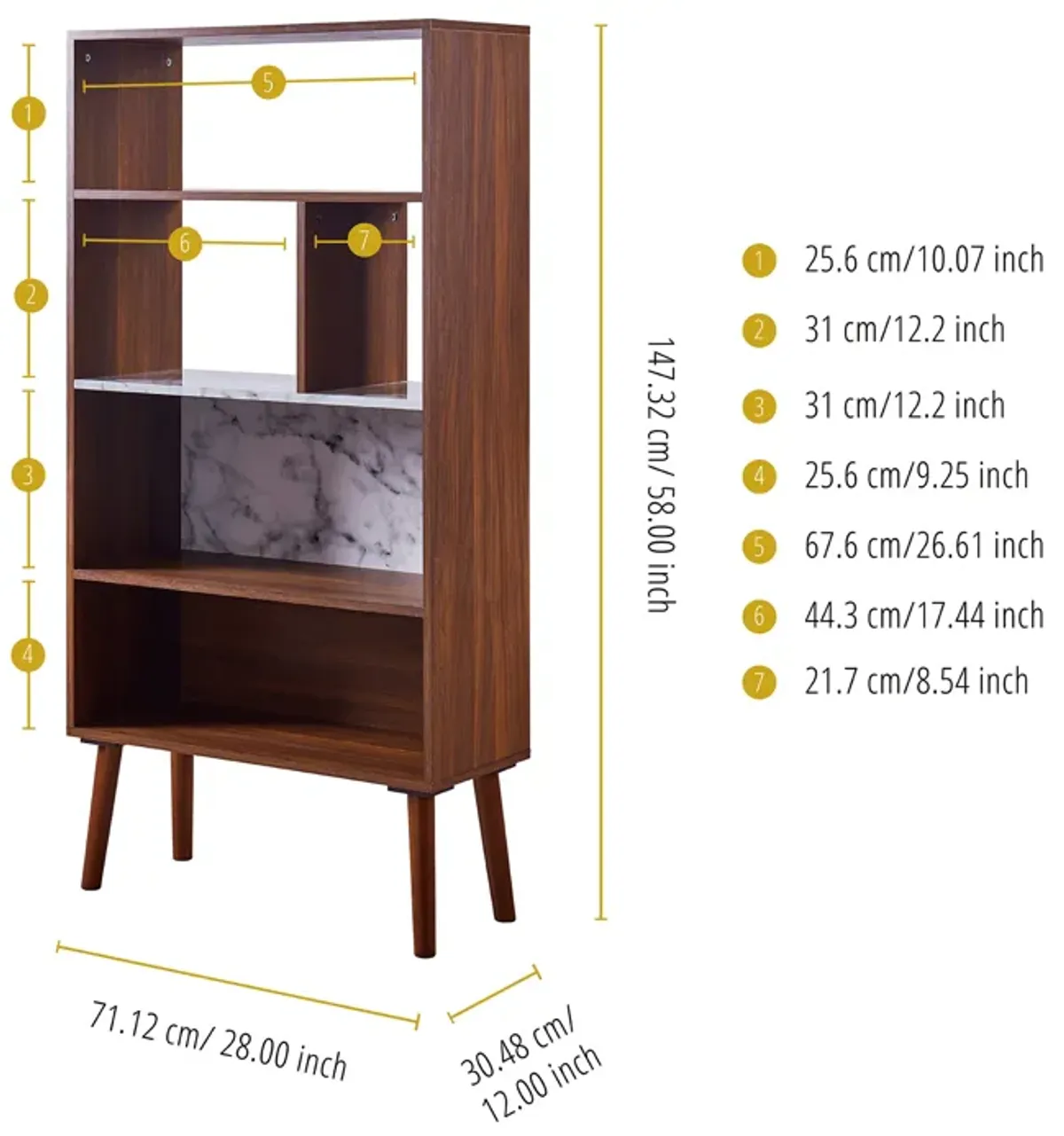 Teamson Home Kingston Wooden Bookcase with Marble-Look Top, Faux Marble/Walnut