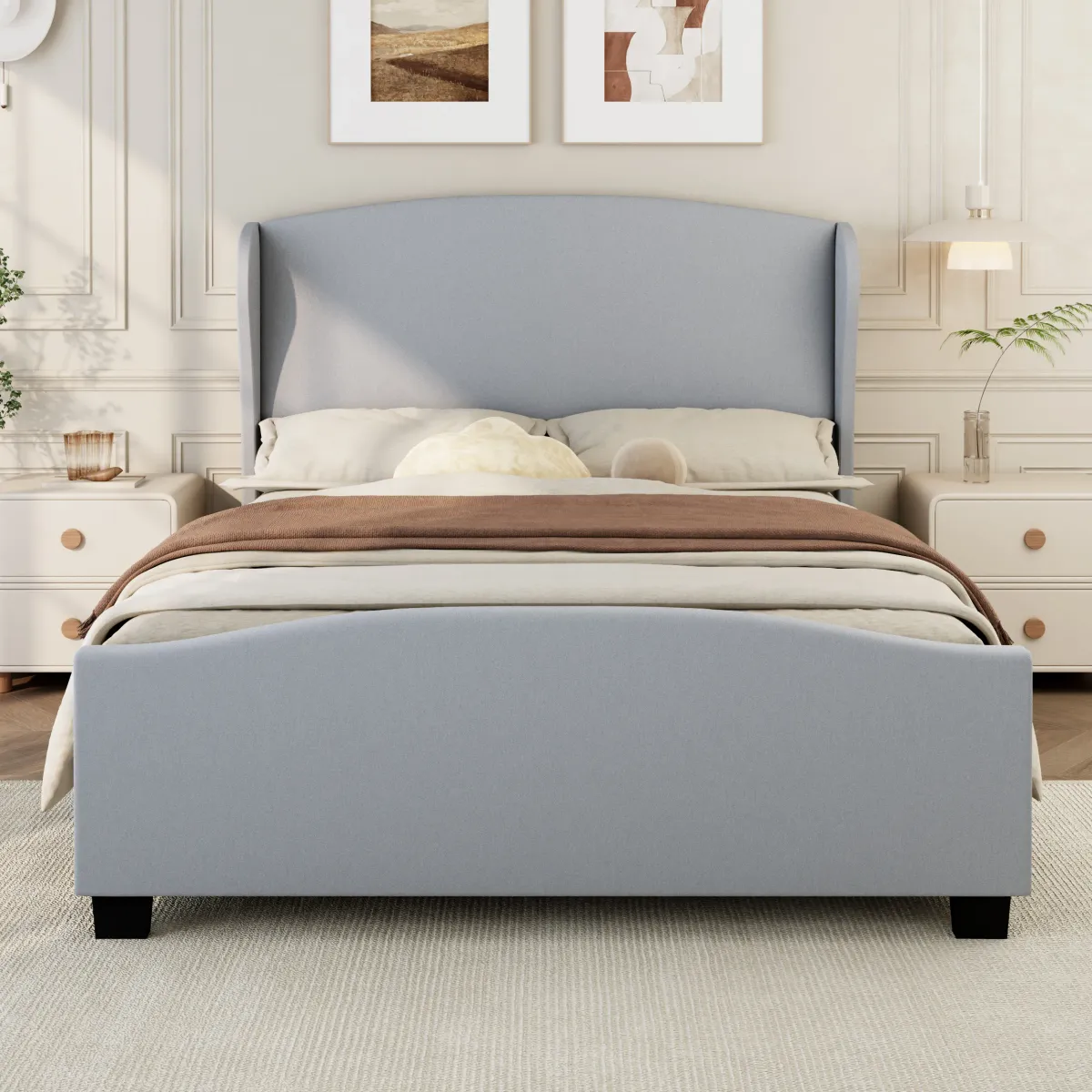 Merax High Headboard Wingback Linen Upholstered Platform Bed