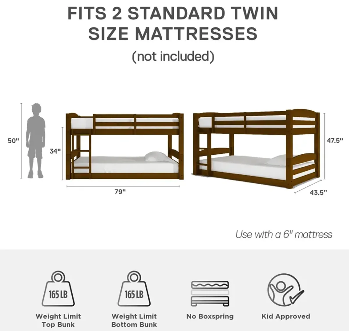 DHP Sierra Convertible Twin over Twin Bunk Bed with Safety Railings