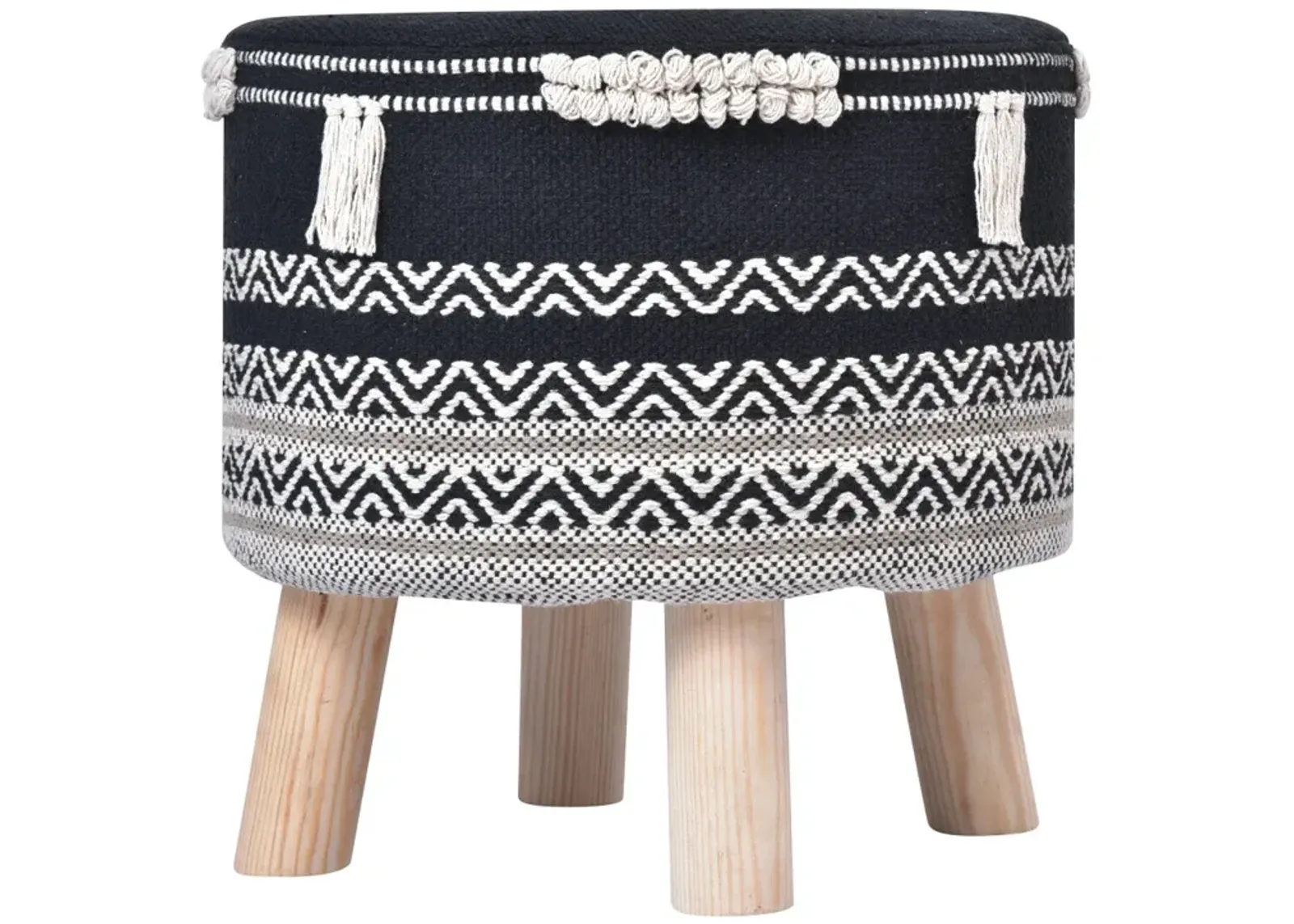 Homezia 16" Black And White Cotton And Natural Round Chevron Ottoman