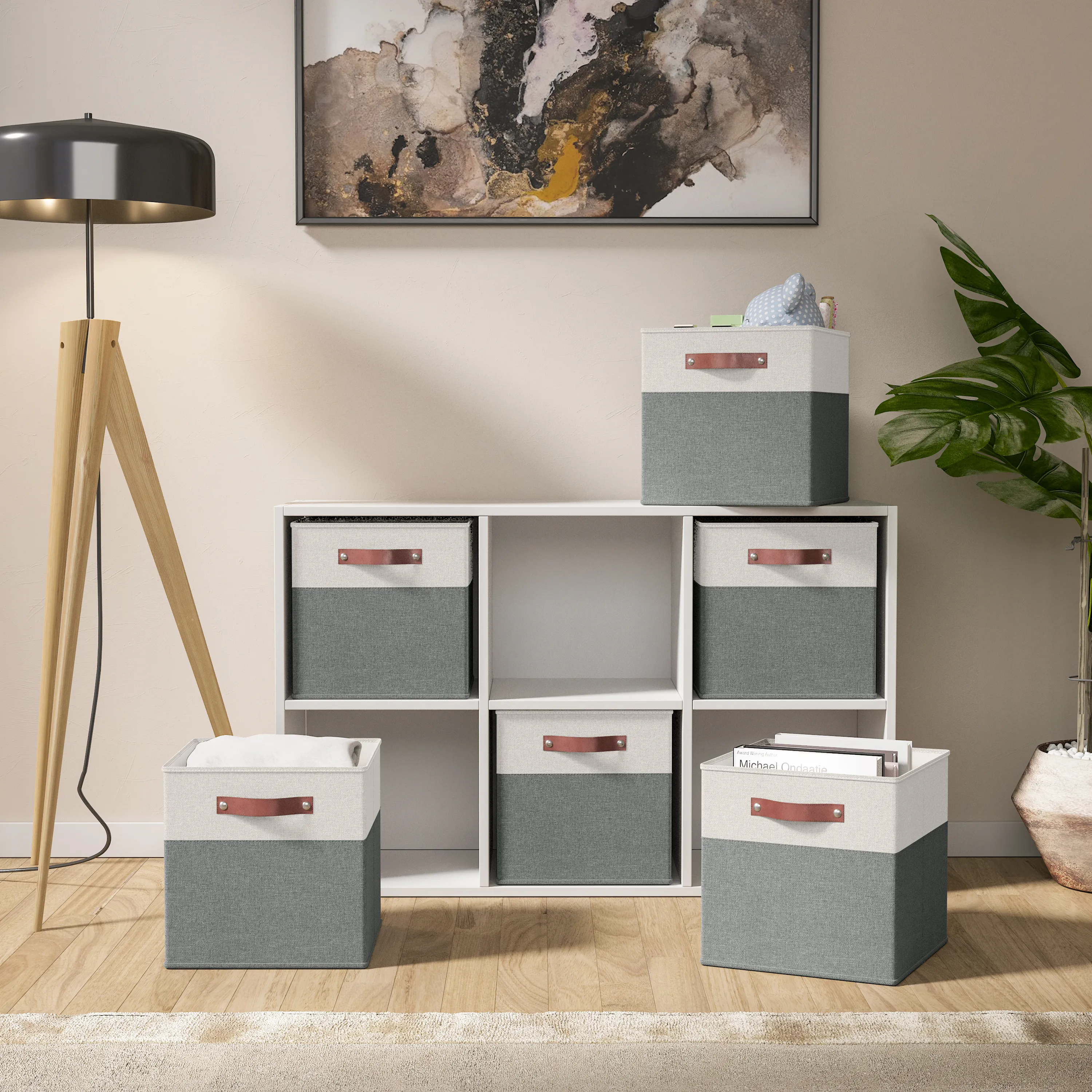 Foldable Linen Storage Cube Bin with Leather Handles - Set of 6