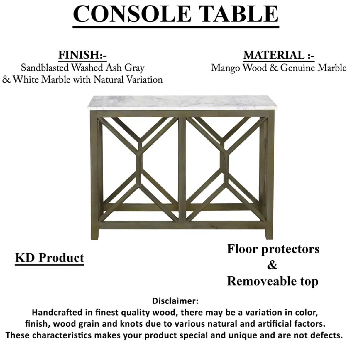 Agas Sofa Console Table, 41 Inch White Genuine Marble Top, Sandblasted Washed Ash Gray Mango Wood Geometric Frame