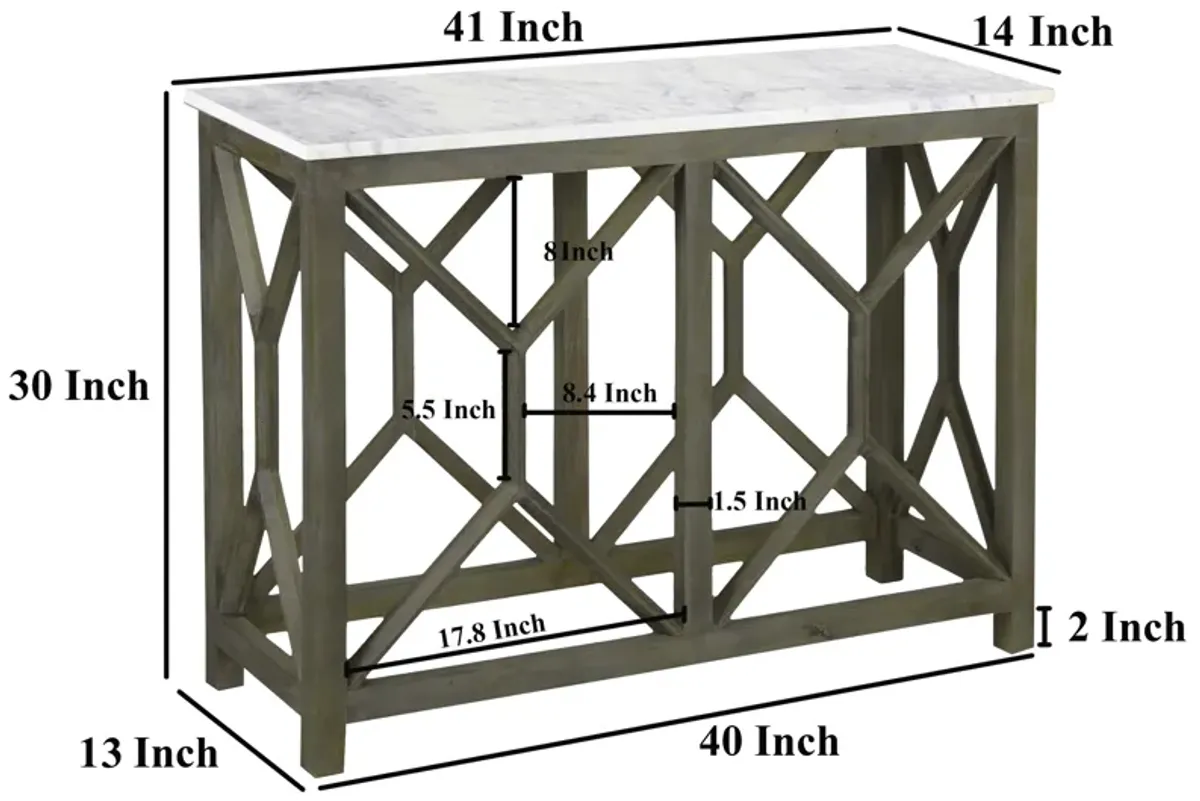 Agas Sofa Console Table, 41 Inch White Genuine Marble Top, Sandblasted Washed Ash Gray Mango Wood Geometric Frame