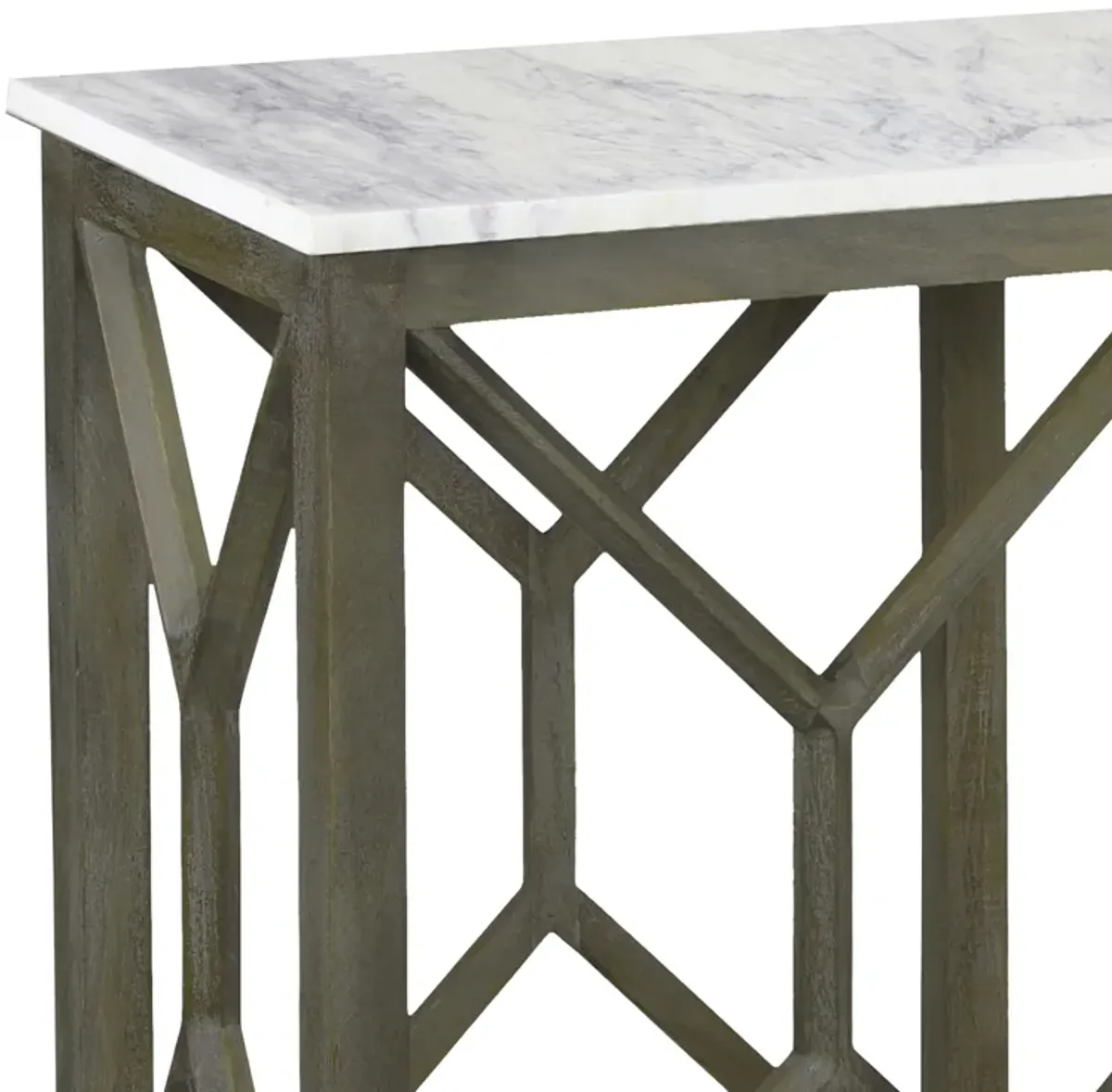 Agas Sofa Console Table, 41 Inch White Genuine Marble Top, Sandblasted Washed Ash Gray Mango Wood Geometric Frame