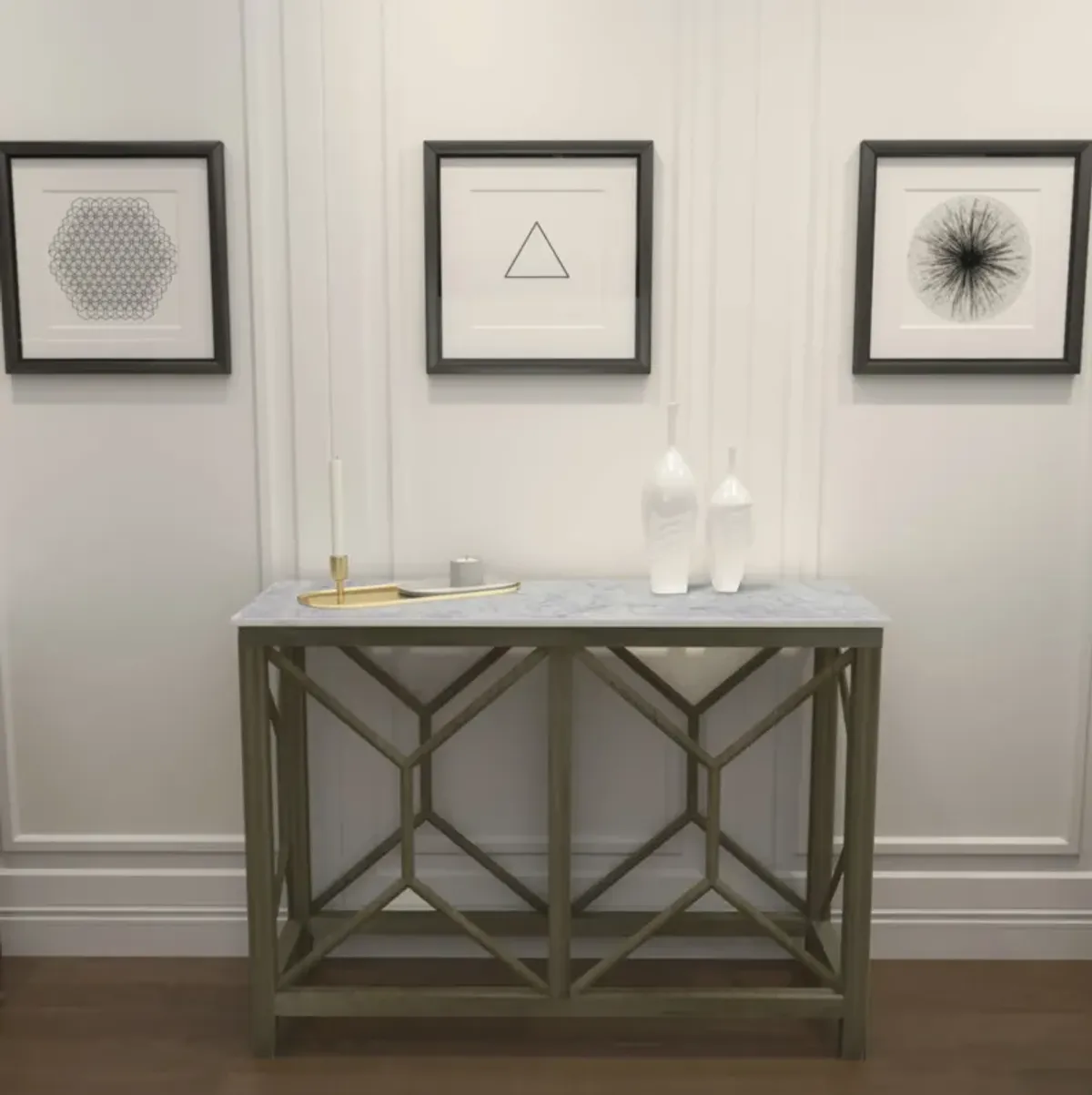 Agas Sofa Console Table, 41 Inch White Genuine Marble Top, Sandblasted Washed Ash Gray Mango Wood Geometric Frame