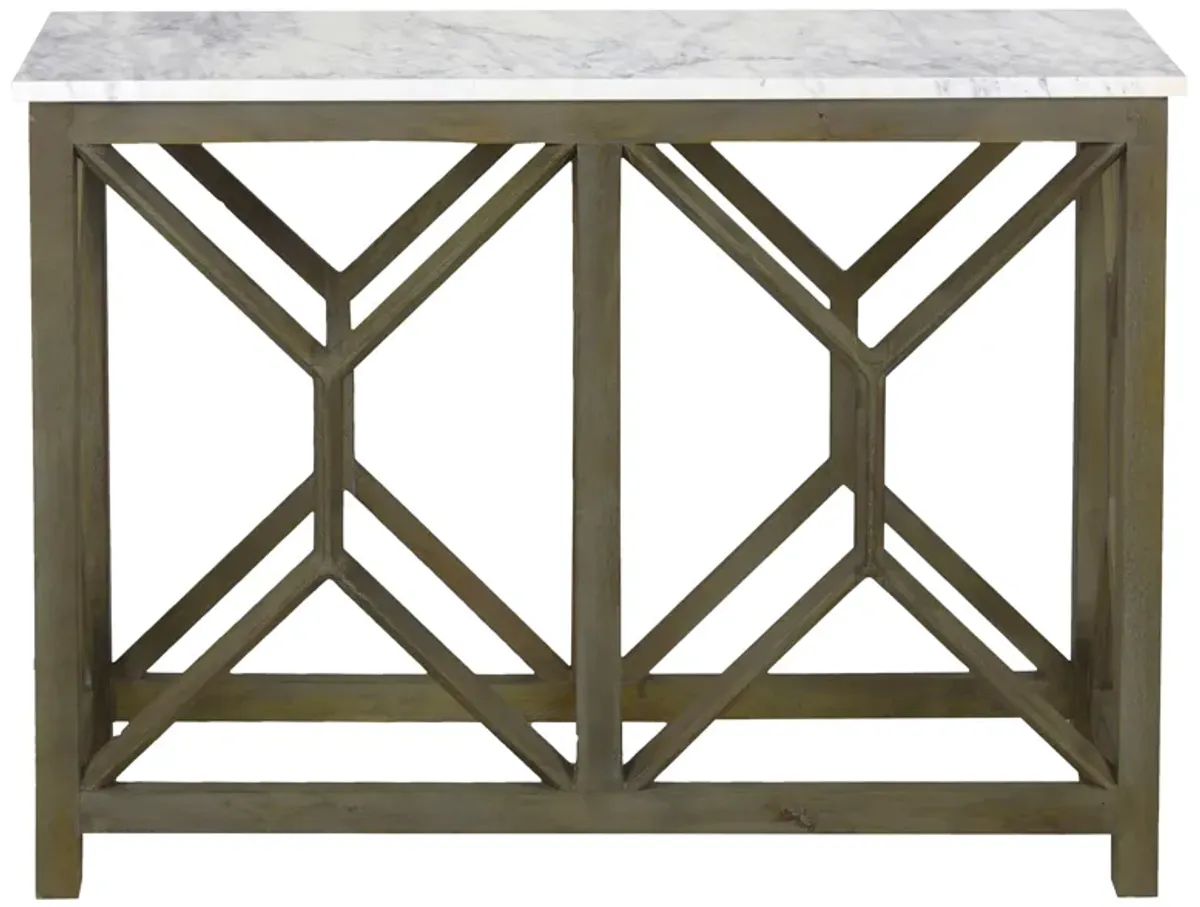 Agas Sofa Console Table, 41 Inch White Genuine Marble Top, Sandblasted Washed Ash Gray Mango Wood Geometric Frame