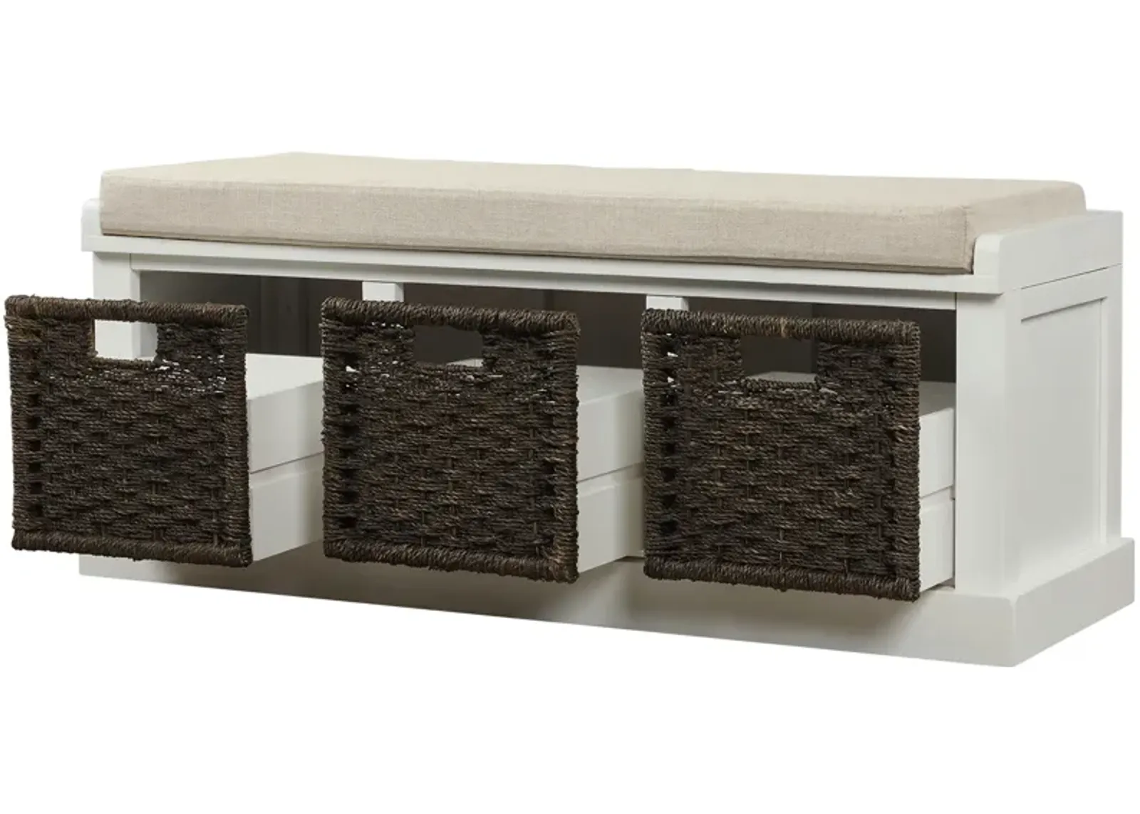 Rustic Storage Bench With 3 Removable Classic Rattan Basket, Entryway Bench