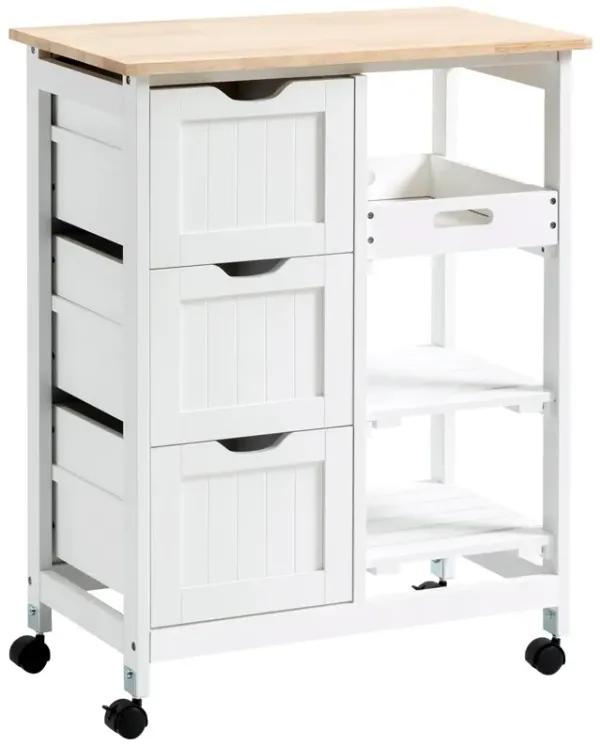 White Kitchen Island: Rolling Cart with Tray, Rubber Wood Tabletop