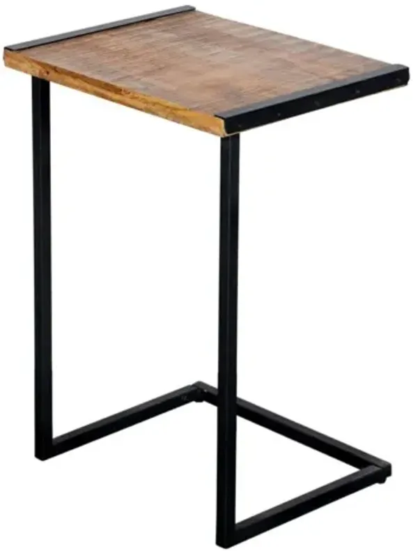 C Shaped Mango Wood Sofa Side End Table With Metal Cantilever Base, Brown And Black