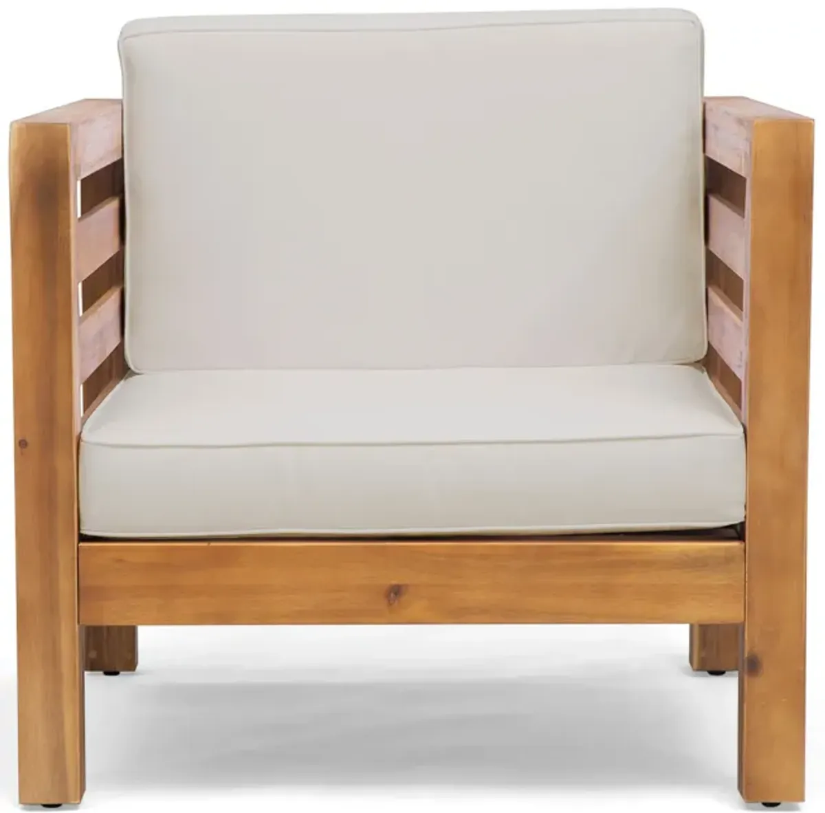 Carie Outdoor Accent Chair, Beige, Soft Cushions, Brown Acacia Wood - Benzara