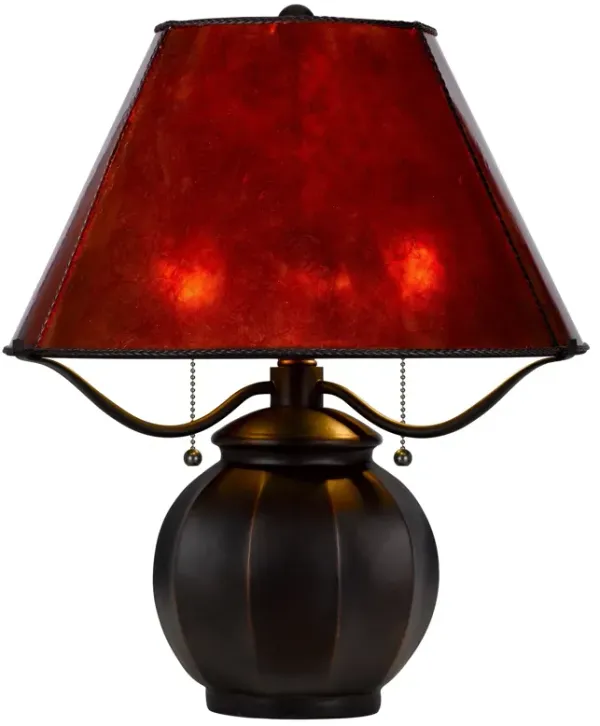 20 Inch Table Lamp, Vintage Red Amber Mica Shade, Upturned Arms, Round Body - Benzara