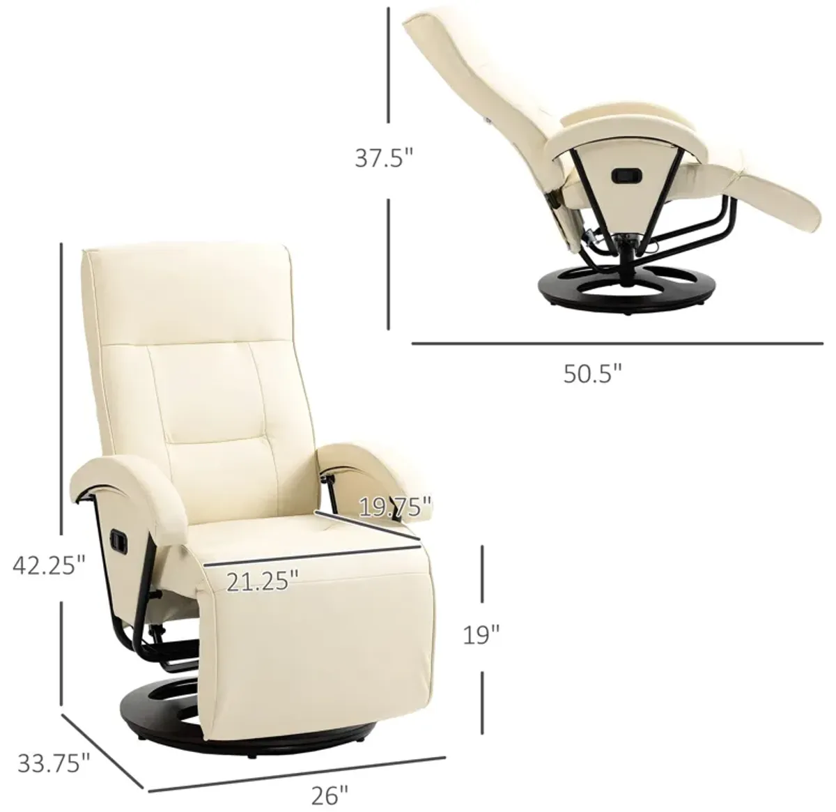 Beige Swivel Recliner: 135° Adjustable, Padded Seat